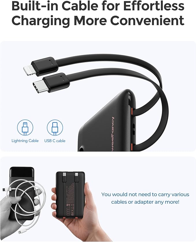 Mini Portable Charger with Built-in Cables 22.5W Fast Charging Power Bank USB-C Small Battery Pack 10000mAh Travel Essential Slim Battery for iPhone 17/16/15/14, Samsung 25/24, and More