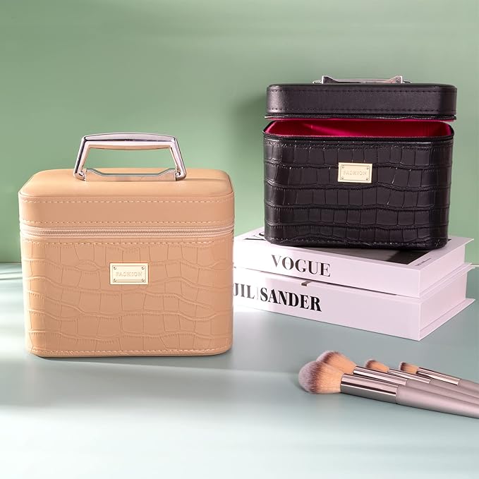 Fashion makeup box, Portable leather hard cosmetic case with mirror, Professional train case make up box for women adults. (Black)