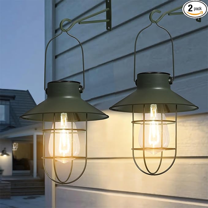 pearlstar Solar Lanterns Outdoor Metal Solar Powered Hanging Lights Waterproof for Wall Barn Yard Garden Patio Garage Balcony Porch Fence Decor, Warm White Edison Bulb (Green-2pack)