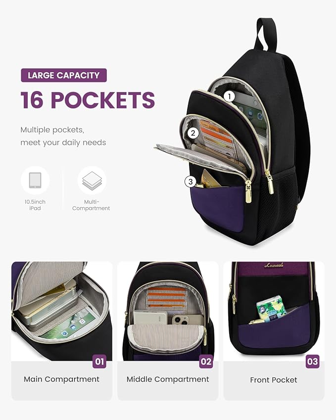 LOVEVOOK Sling Bag for Women, Sling Backpack Crossbody Bag Convertible, Small Diaper Bag Hiking Daypacks Water-resistant, Travel Shoulder Bag Chest Bag, Black Blue Purple