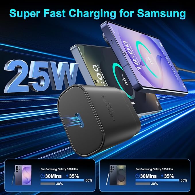 Super Fast Charger Type C, 25W USB C Wall Charger Fast Charging for Samsung Galaxy S26 Ultra/S26/S26+/S25 Ultra/S25/24 Ultra/S24/S23 Ultra/S22 Ultra with 3FT Long Android Type C Charger Cable 2Pack