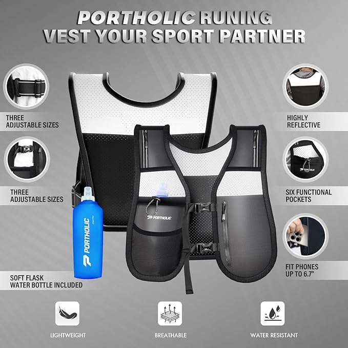 PORTHOLIC Running Vest for Women Men with 17oz Water Bottle |Adjustable Hydration Vest|Reflective |Lightweight |6 Pockets |Breathablefor Running Accessories for Hiking