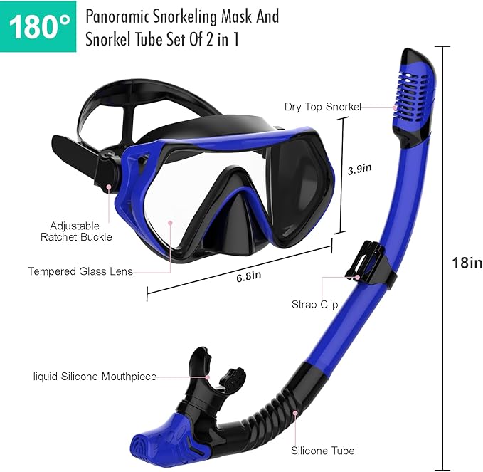 Snorkeling Gear for Adults, JRing Snorkel Mask Set with 180 Degree Tempered Glass Anti Fog Goggles Scuba Dry Top Snorkel for Swimming, Scuba Diving Mask for Men Women