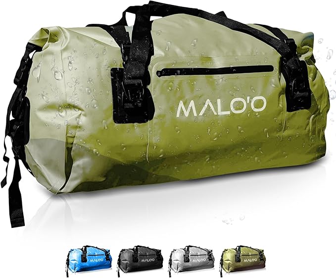 Malo’o Waterproof Dry Duffel, Heavy-Duty Roll Top Waterproof Gear Bag with Shoulder Strap & Molle Loops, Marine Duffel for Kayaking, Boating, Camping, Beach & Travel, Dark Green, 60L