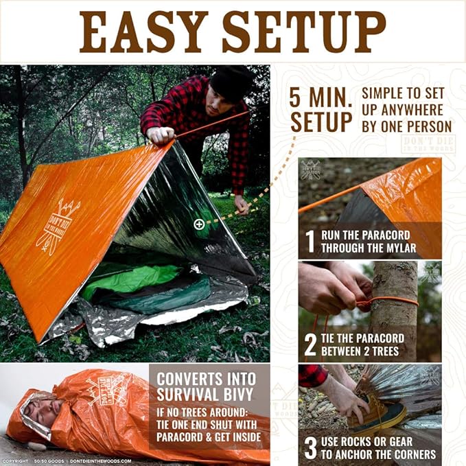 World's Toughest Ultralight Survival Tent • 2 Person Mylar Emergency Shelter Tube Tent + Paracord • Year-Round All Weather Protection for Hiking, Camping, & Outdoor Survival Kits