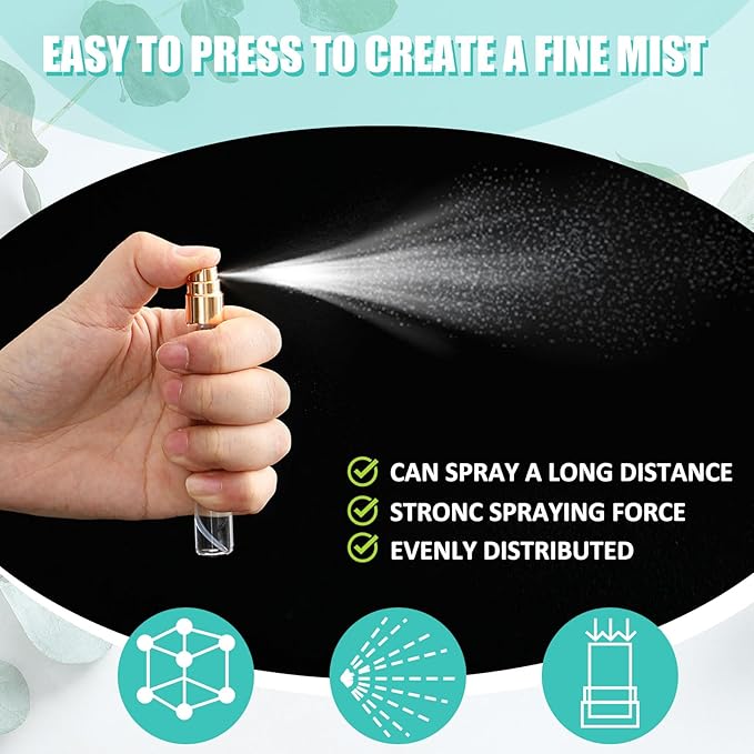 Zhehao 10 Pcs Mini Spray Bottles 10 ml Clear Glass Perfume Bottles Refillable Fine Mist Perfume Atomizer Portable Empty Sample Containers for Cleaning, Essential Oils, Travel (Gold Cap)