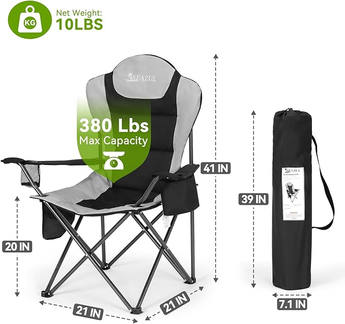 Camping Chairs for Adults, Camp Chair, Folding Chairs for Outside, Support 380 LBS, Portable Travel Lawn Outdoor Camping Chairs with Cup Holder & Cooler Bag, Sports Chairs for Baseball, Soccer