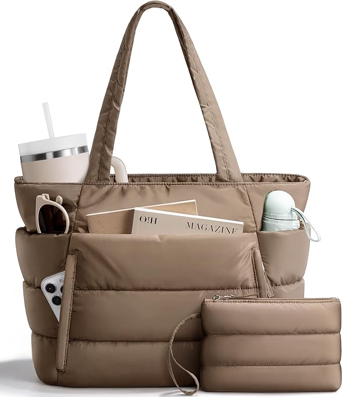 Puffer Tote Bag for Women, Lightweight Puffy Work Handbag Teacher Nurse Quilted Shoulder Bag for School Travel Gym