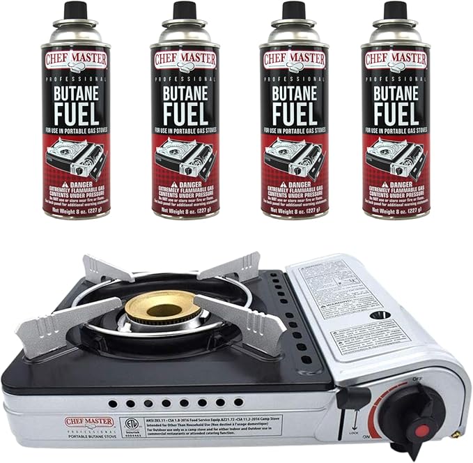 12,000 BTU Portable Butane Camping Stove with 4 x 8oz. Butane Fuel Canister Combo, Double Wind-Guard Portable Stove w/Carry Case for Road Trips, Camping, Tailgating & Emergencies by Chef Master 90235