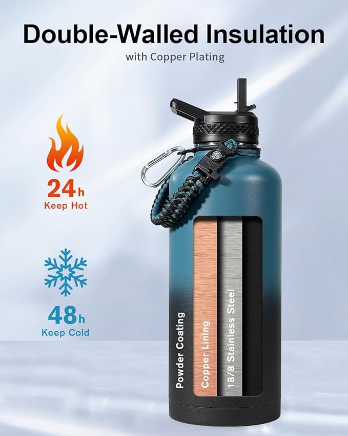 Trebo Water Bottle Insulation 87 oz, Vacuum Stainless Steel Water Jug (Keep Cold for 48 Hrs), LeakProof & Non-BPA, Water Flask with Paracord Handle & Straw Spout Lids, Indigo/Black