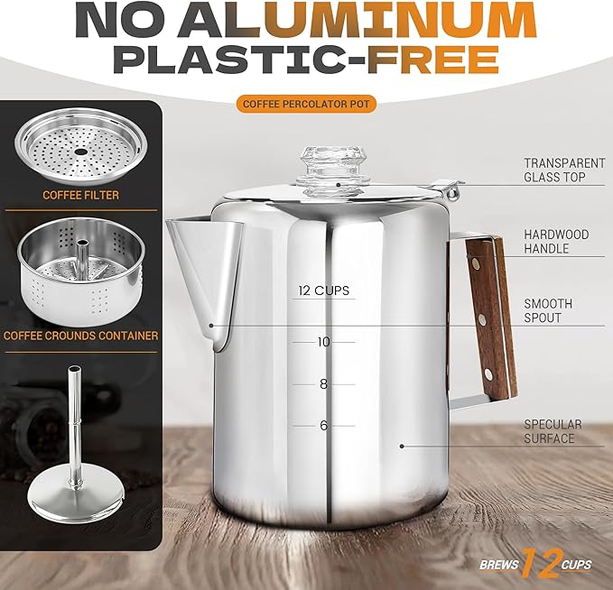 Percolator Coffee Pot Stainless Steel Camping Coffee Pot-NO Aluminum or Plastic Coffee Percolator Stovetop (12 cup)