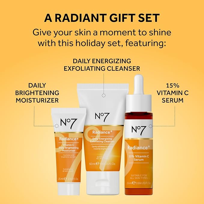 No7 Radiance Trio Gift Set - Includes Radiance+ Brightening Vitamin C Face Moisturizer, 15% Vitamin C Facial Serum, and Daily Energizing Exfoliating Face Wash (3 pieces)