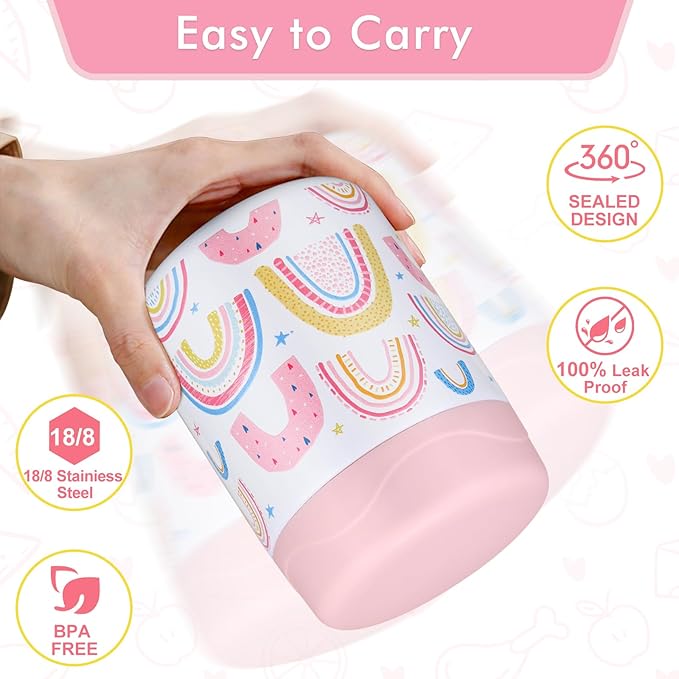 12oz Soup Thermo for Hot Food Kids Insulated Food Jar Wide Mouth Lunch Container Leak Proof Stainless Steel Vacuum Bento Box for School Office Travel Outdoors White-Rainbow