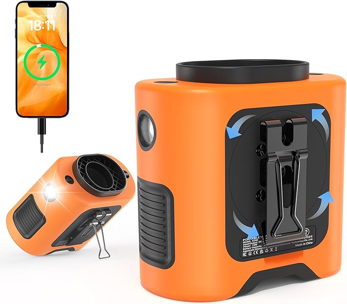 PANERGY Portable Waist Fan, 67H Runtime Wearable Fan with 4+1 Speeds, Storm Mode, 14500mAh Rechargeable Belt Fan with Dual Clip, Flashlight for Outdoor Jobsite(Orange)