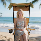 Folding Camping Chair with Canopy, Portable Outdoor Beach Chair for Fishing, BBQ, Picnic, Backyard, Lightweight Sun Shade Chair with Cup Holder, Khaki