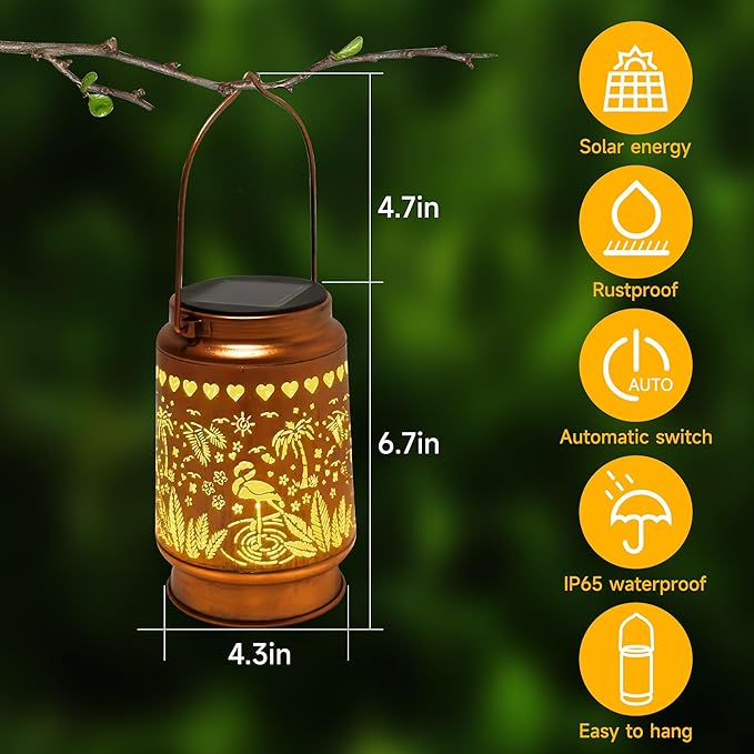 Lawn Social Solar Lanterns Outdoor Waterproof, Flamingos Metal Hanging Solar Lights for Outside, Garden Decor Birthday Gifts for Women Mom Grandma, Outdoor Lantern for Patio Yard Balcony Porch