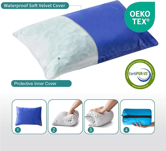 Small Shredded Gel Memory Foam Pillow，Adjustable for Contoured Support -Portable Ideal for Backpacking, Camping, Travel, Car, Airplane,Office Nap