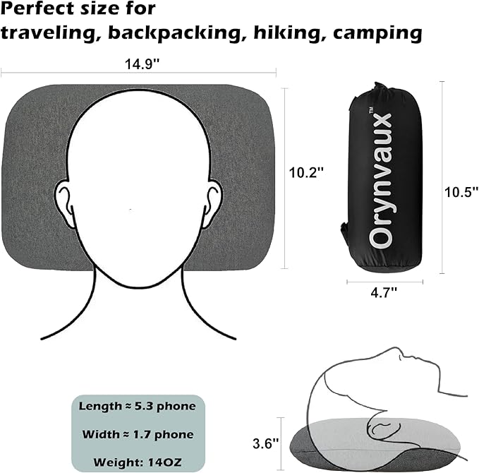 Memory Foam Camping Pillow - Lightweight & Portable Small Travel Pillow for Airplane & Train Travel, Camping, Backpacking, Removable Washable Cover, Easy to Clean, Includes Storage Bag
