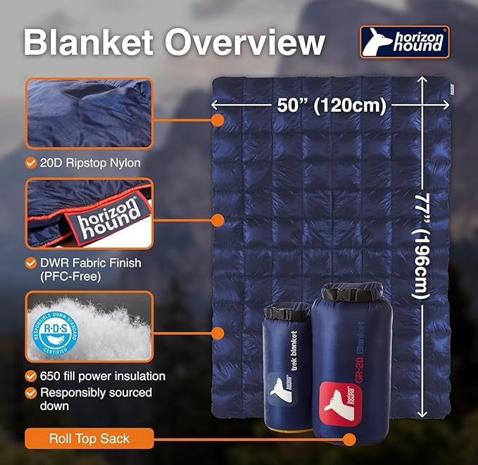 Horizon Hound Down Camping Blanket - Outdoor Travel Quilt | Sustainable, Insulated, Lightweight & Warm Gear for Sleep, Camping, Stadium, Hiking & Festivals | Water Resistant, Packable & Compact
