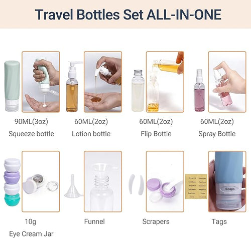 16 Pack Travel Bottles for Toiletries, TSA Approved 3oz Leak Proof Refillable Silicone Squeezable Containers Kit for Shampoo Lotion Conditioner with Toiletry Bag