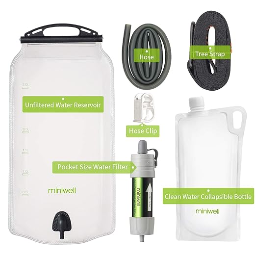 miniwell Gravity Water Filter Ultralight Multi-Purpose Hiking Accessories Optional Emergency kit TUV Certified Hurricane Storm Supplies (Water Filter with Water Tank