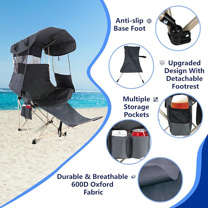 Folding Camping Chairs Canopy Outdoor: Sports Portable Beach Chair with Canopy-Lawn Beach Chairs with Umbrella for Adults-Camping Chair with Shade for Fishing Camp Heavy Duty (Casual, Grey)