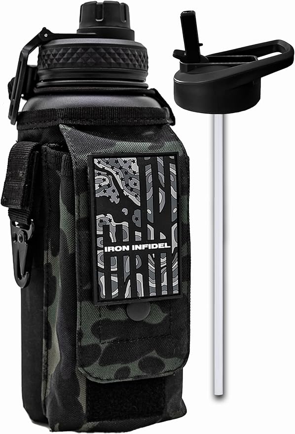 Iron Infidel Battle Bottle - 32 Oz Insulated Water Bottle with Straw Lid & Chug Cap, Stainless Steel Metal Tactical Flask With Rugged, Removable Sleeve for Keys & Phone or Wallet (Black Camo 1 Liter)