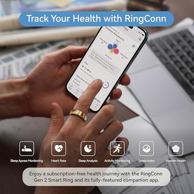 RingConn Gen 2, World’s First Smart Ring with Sleep Apnea Monitoring, No APP Subscription, 12-Day Battery Life, Stress/Heart Rate/Women's Health Tracker, Android & iOS Compatible (Rose Gold, Size 8)
