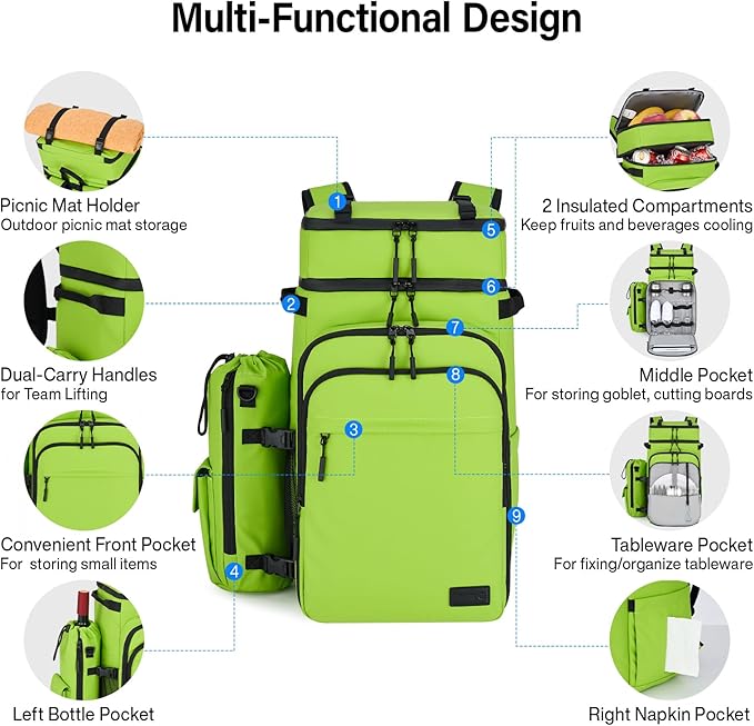 Backpack Cooler, 40 Cans Soft Leak Proof Picnic Backpack, Hanke Portable 2 Insulated Compartments Cooler Backpack Water Resistant for Lunch Beach Travel Camping Picnic Hiking (Green)