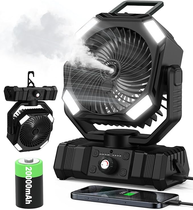 Portable Misting Fan, 20000mAh Battery Operated Fan with 300ml Tank, 45°-90° Oscillation & 270° Rotation, Timer & Lighting, Handheld Camping fan for Indoor, Outdoor, Patios, Tent, Travel, Desk