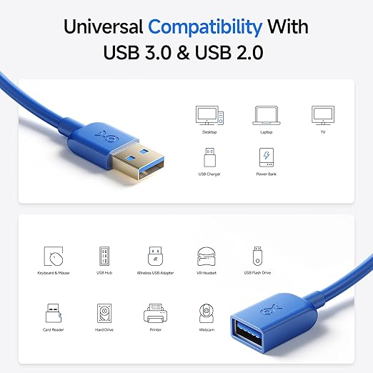 Cable Matters 5Gbps Long USB Extension Cable - 10ft, USB 3.0 Extension Cable, Male to Female USB3.0 Extender, Compatible with Webcam, VR Headset, Printer, Hard Drive, Blue