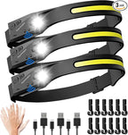 (3-Pack) Headlamp Rechargeable, LED Waterproof Headlight for Adults, 230° Headband Light Forehead, Motion Sensor, USB Head lamp Band, 350 Lumen Super Bright, 5 Modes, Comfortable for Running,Fishing