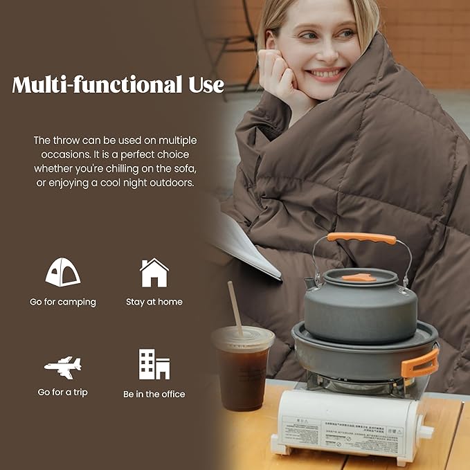 puredown® Soft Feather Down Throw Blanket Lightweight Packable Couch Throw for Indoor and Outdoor Use, 50"X70", Chocolate