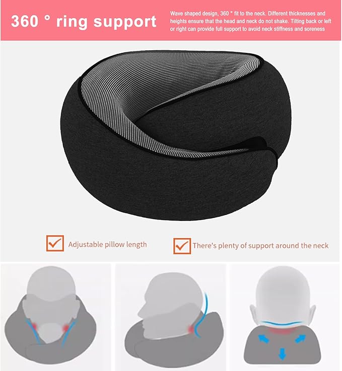 Cloud Sleep Travel Pillow｜360° Adjustable Neck Pillow for Airplane & Office｜NASA Memory Foam｜Free Eye Mask & Earplugs (Black)