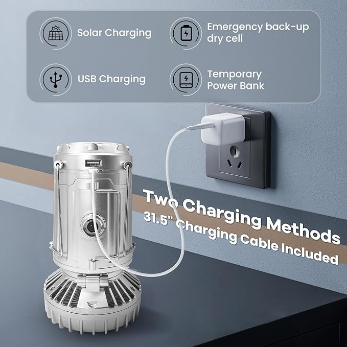 Solar Camping Lantern with Fan, Collapsible USB Rechargeable & Battery Powered Emergency Hanging Lights for Camping Tent Hurricanes Power Outages Storm Indoor Outdoor (Upgraded, 1 Pack)