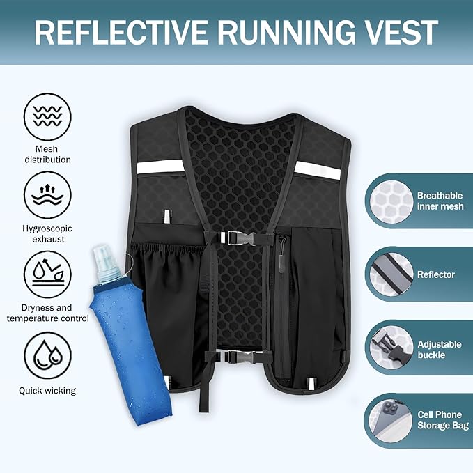 Lightweight Running Vest, Hydration Backpack with 500ml Soft Flask, Hydration Vest, Reflective Water Backpack, Adjustable No-Bounce Straps for Trail Running, Marathon, Cycling