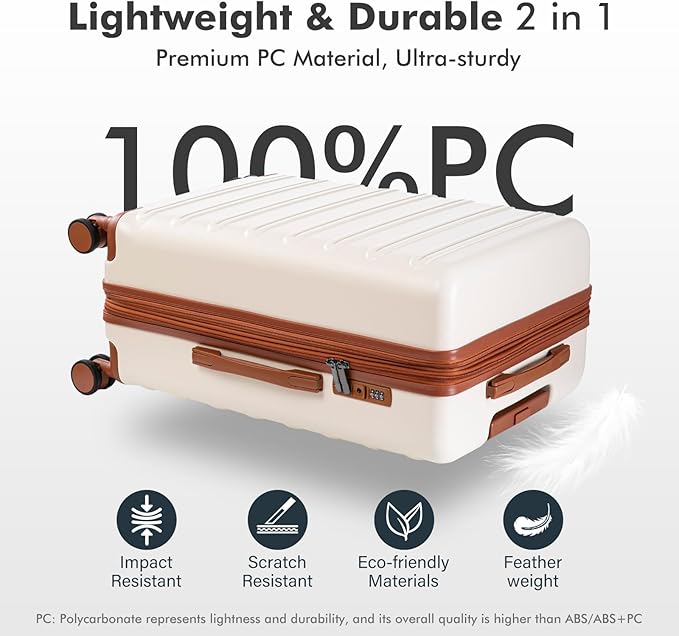 luggage sets 3 Piece with Spinner Wheel,100% PC Material Lightweight Durable,Expandable Carry On Travel Hardside Suitcase sets with TSA Lock for Men and Women (White+brown)