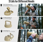 OneTigris Tactical Half Gallon Water Bottle with Straw - 64 oz Vacuum Insulated Stainless Steel Water Jug, Leakproof Sport Bottle with 3 BPA Free Lids, Paracord Handle & MOLLE Water Pouch for Outdoor