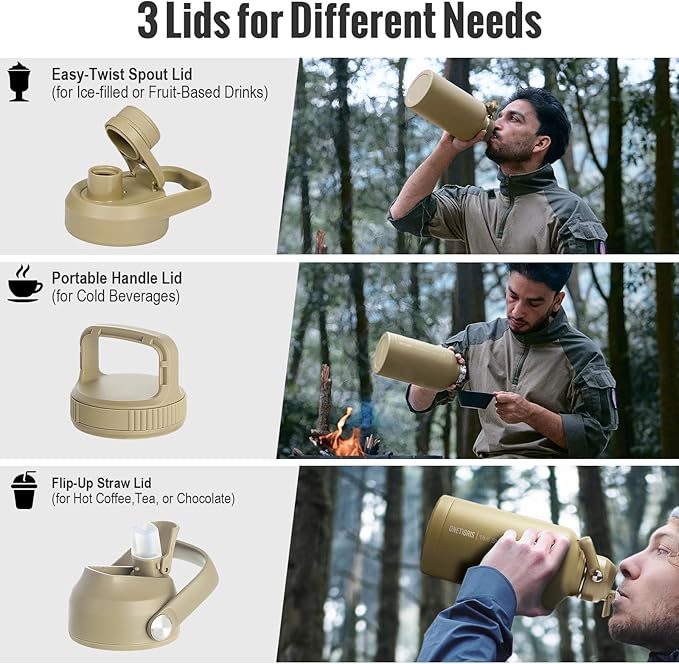 OneTigris Tactical Half Gallon Water Bottle with Straw - 64 oz Vacuum Insulated Stainless Steel Water Jug, Leakproof Sport Bottle with 3 BPA Free Lids, Paracord Handle & MOLLE Water Pouch for Outdoor