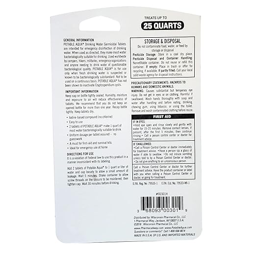 Potable Aqua Water Purification Treatment - Portable Drinking Water Treatment for Camping, Emergency Preparedness, Hurricanes, Storms, Survival, and Travel (50 Tablets), Black, single pack