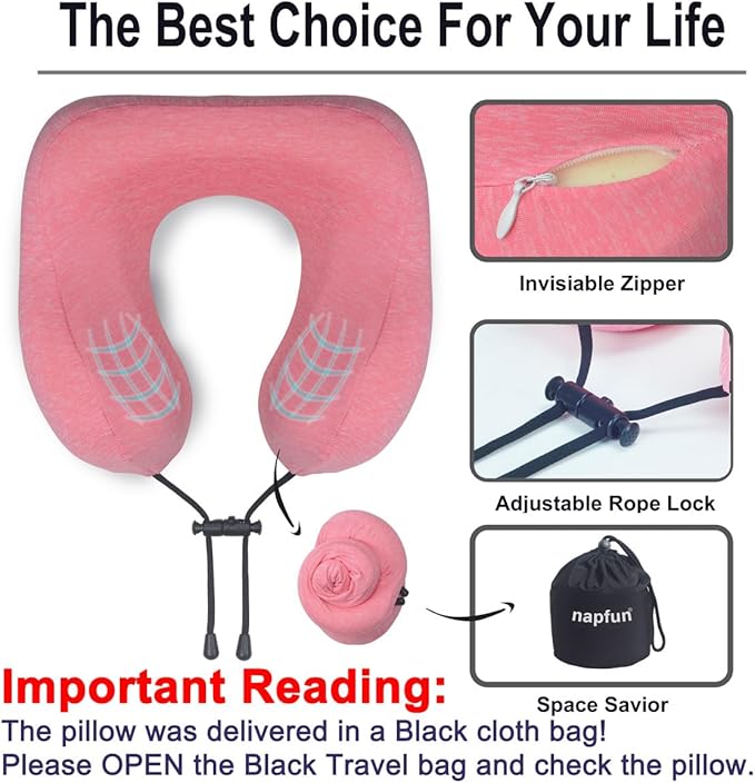 napfun Neck Pillow for Traveling, Upgraded Travel Neck Pillow for Airplane 100% Pure Memory Foam Travel Pillow for Flight Headrest Sleep, Portable Plane Accessories, Rose