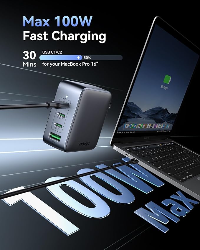 100W USB C Wall Charger Block, 4-Port PD3.1 GaN Foldable Compact PPS Fast Laptop Charger Power Adapter for MacBook Pro/Air, Dell XPS, iPhone 17/16 Pro, iPad Pro, Galaxy S25/S24, Steam Deck, and More