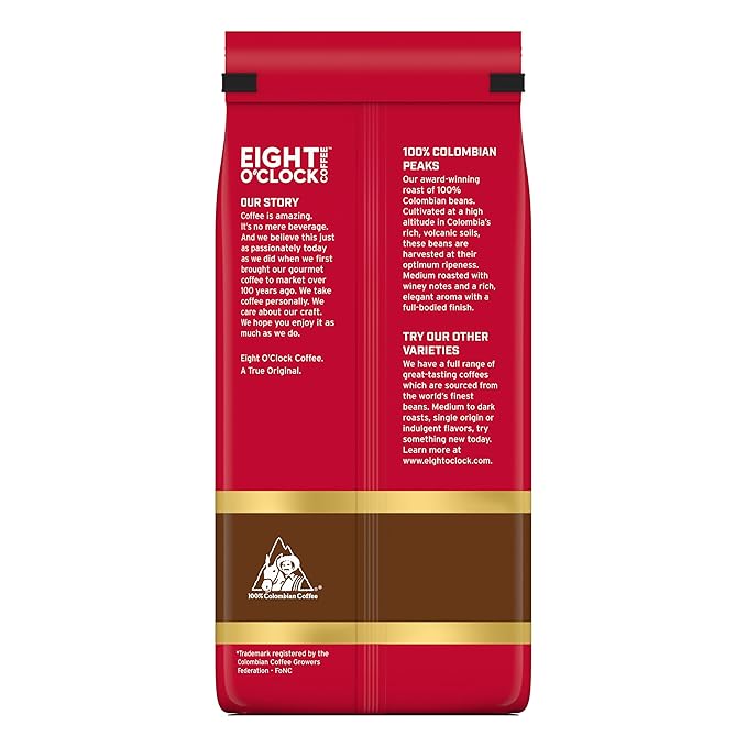 Eight O'Clock Coffee 100% Colombian Peaks Ground Coffee, Medium Roast, 30 Ounce (Pack of 1) - Rich, Winey & Full Bodied