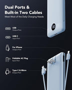 VRURC Portable Charger with Wall Plug and Cables, 10000mAh Power Bank with 22.5W Fast Charging USB Port,4 Outputs Dual Inputs Slim Compact Rechargeable Battery Pack Travel Accessories-Blue(1 Pack)