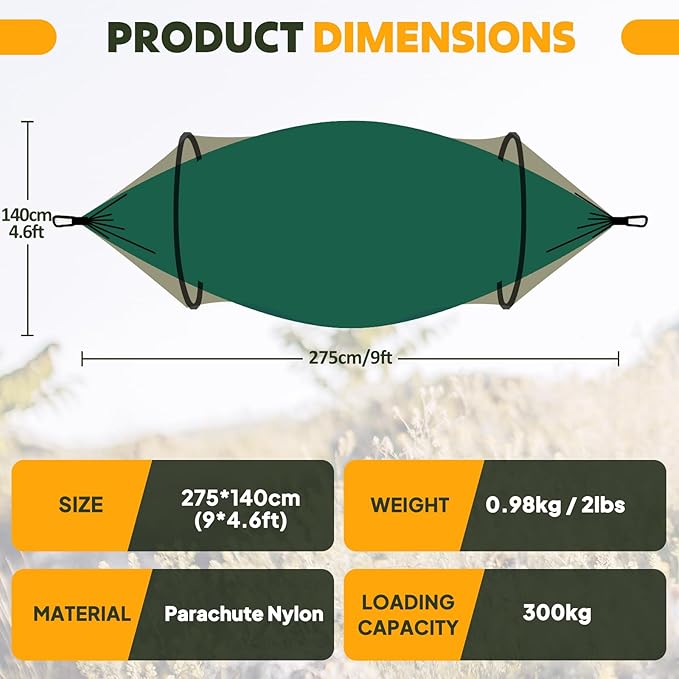 Chihee Ultra-Light Travel Camping Hammock Pop-up Net Hammock 660lbs Load Capacity,Breathable,Quick-Drying Parachute Nylon 2 Premium Carabiners,2 Tree Slings Included for Outdoor Backpacking Hiking