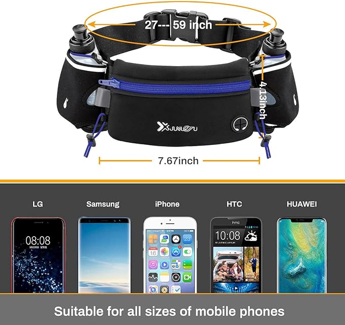 Number-one Running Belt with Water Bottles(2 x 175ML), Hydration Belt Waterproof Waist Pack Bag Fits iPhones Adjustable Sports Waist Pouch for Marathon Running Hiking Cycling