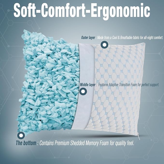 alkamto Cooling Shredded Memory Foam Pillow – Adjustable Gel for Personalized Support – Double-Sided Ice Silk & Soft Rayon – Lightweight, Compressible (White) (King)