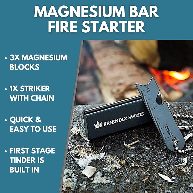 The Friendly Swede Magnesium Fire Starter Kit 3-Pack — Flint and Steel Fire Starter Survival Tool; Weatherproof Firestarter for Camping, Hiking & BBQs; Flint and Steel Magnesium Bar; 6-in-1 Striker