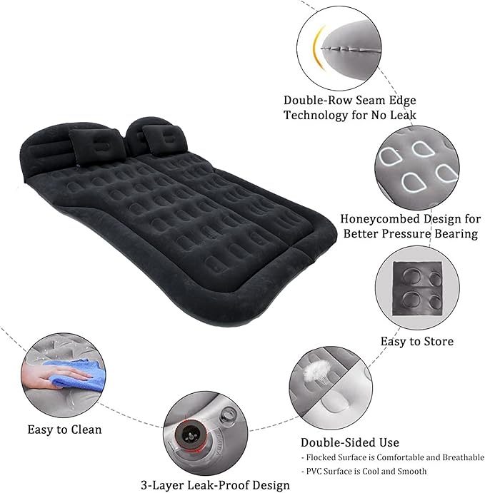 Inflatable SUV Air Mattress,Thickened Flocking Inflatable Car Camping Travel Air Mattress with 2 Pillows & Air Pump,Portable Car Sleeping Bed for SUV|MPV|Minivan