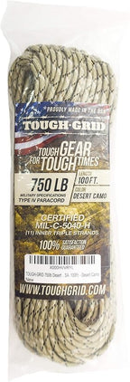 TOUGH-GRID Paracord Rope 750 lbs Nylon Parachute Cord, Made in USA Survival Kit, Outdoor Adventures, Camping, Tactical Gear & Emergency Supplies, Military Type IV Mil-Spec